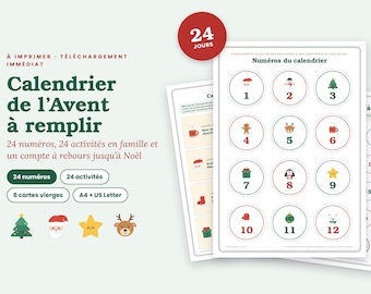 Calendario dell'Avvento da riempire, numeri da 1 a 24 da stampare, 24 carte attività in famiglia, calendario dell'Avvento fai da te per bambini, PDF