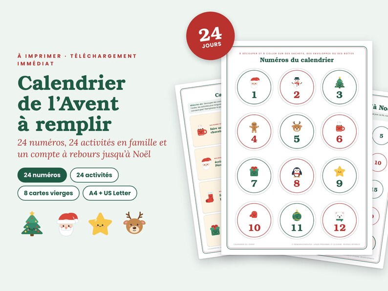 Puede incluir: Un calendario de Adviento imprimible con 24 pegatinas circulares numeradas con iconos navide&ntilde;os como un Santa, un reno y un &aacute;rbol. El documento incluye tarjetas de actividades y etiquetas de cuenta atr&aacute;s en texto rojo y verde sobre fondo blanco.
