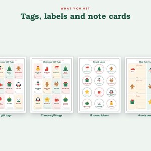 May include: A set of printable Christmas stationery featuring four sheets: two pages of 12 rectangular gift tags, one page of 12 round labels, and one page of 6 mini note cards. Each item displays festive icons like snowmen, trees, and reindeer.