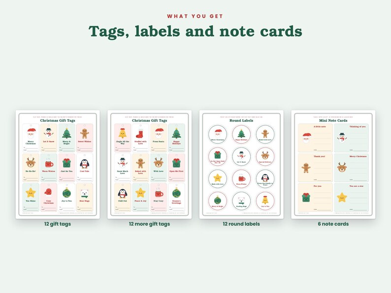 May include: A set of printable Christmas stationery featuring four sheets: two pages of 12 rectangular gift tags, one page of 12 round labels, and one page of 6 mini note cards. Each item displays festive icons like snowmen, trees, and reindeer.