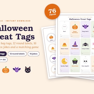 May include: A printable Halloween treat tag set featuring 76 pieces including 24 rectangular tags, 12 round labels, and 16 lunch box jokes. The designs include colorful illustrations of ghosts, pumpkins, bats, cats, and cauldrons with text.