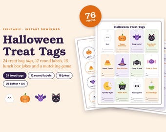 May include: A printable Halloween treat tag set featuring 76 pieces including 24 rectangular tags, 12 round labels, and 16 lunch box jokes. The designs include colorful illustrations of ghosts, pumpkins, bats, cats, and cauldrons with text.