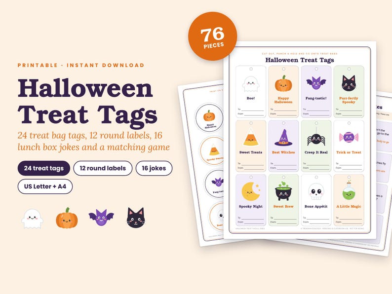 May include: A printable Halloween treat tag set featuring 76 pieces including 24 rectangular tags, 12 round labels, and 16 lunch box jokes. The designs include colorful illustrations of ghosts, pumpkins, bats, cats, and cauldrons with text.
