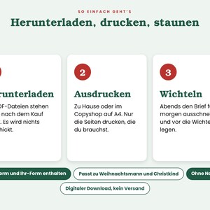 May include: A digital instruction graphic with the header SO EINFACH GEHT'S Herunterladen, drucken, staunen. Three numbered white boxes explain the process: 1. Herunterladen, 2. Ausdrucken, 3. Wichteln. Below are green buttons: Du-Form und Ihr-Form enthalten, Passt zu Weihnachtsmann und Christkind, Ohne Namen, and Digitaler Download, kein Versand.