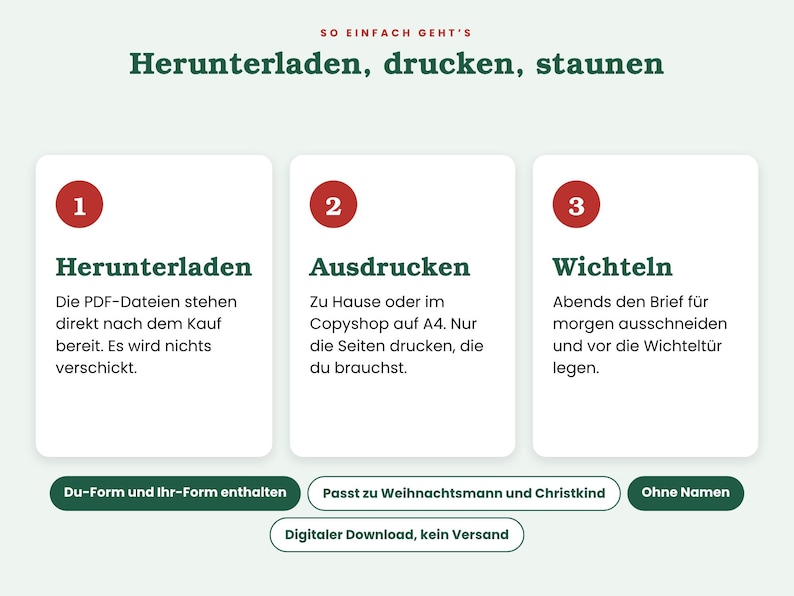 May include: A digital instruction graphic with the header SO EINFACH GEHT'S Herunterladen, drucken, staunen. Three numbered white boxes explain the process: 1. Herunterladen, 2. Ausdrucken, 3. Wichteln. Below are green buttons: Du-Form und Ihr-Form enthalten, Passt zu Weihnachtsmann und Christkind, Ohne Namen, and Digitaler Download, kein Versand.
