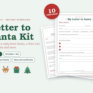 May include: A printable Letter to Santa kit featuring 11 pages including a letter template with fields for name, age, and Christmas wishes, a reply from Santa, and a Nice List certificate. The design includes icons of Santa, a reindeer, and a tree.