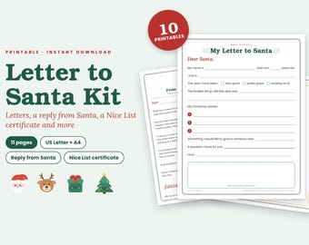 May include: A printable Letter to Santa kit featuring 11 pages including a letter template with fields for name, age, and Christmas wishes, a reply from Santa, and a Nice List certificate. The design includes icons of Santa, a reindeer, and a tree.