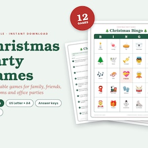 Peut inclure: Un ensemble de jeux de f&ecirc;te de No&euml;l imprimables comprenant une carte de bingo avec des ic&ocirc;nes festives comme un bonhomme de neige, le P&egrave;re No&euml;l et des cadeaux. Le document contient 12 jeux sur 31 pages, formats US Letter et A4, avec corrig&eacute;s.