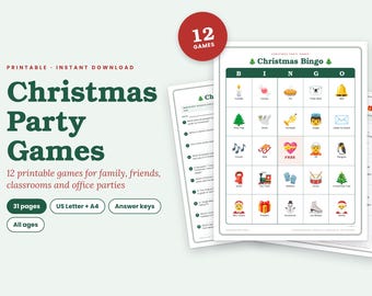 May include: A set of printable Christmas party games featuring a bingo card with festive icons like a snowman, Santa, and presents. The document includes 12 games across 31 pages, available in US Letter and A4 sizes, with answer keys included for all.