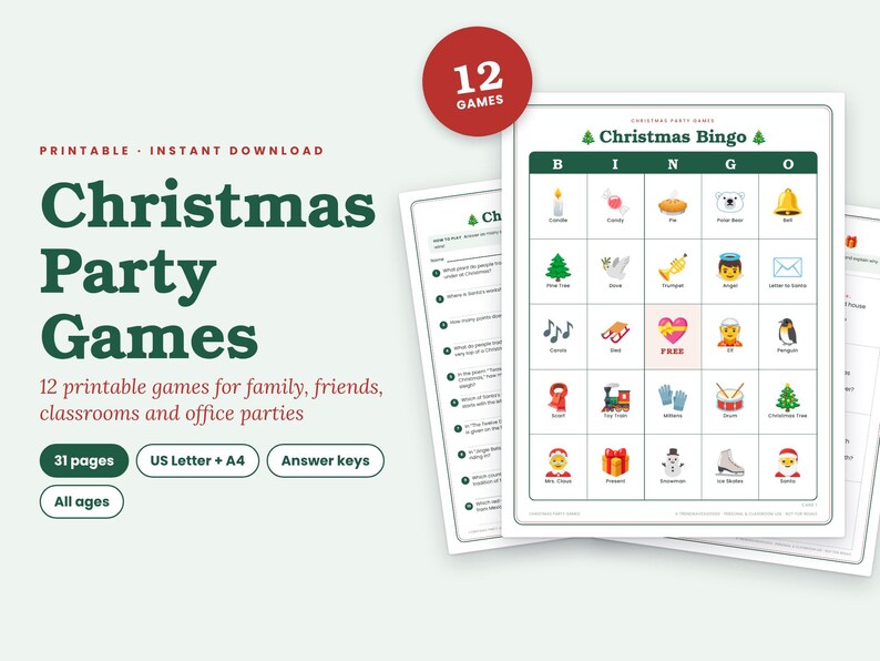 Peut inclure: Un ensemble de jeux de f&ecirc;te de No&euml;l imprimables comprenant une carte de bingo avec des ic&ocirc;nes festives comme un bonhomme de neige, le P&egrave;re No&euml;l et des cadeaux. Le document contient 12 jeux sur 31 pages, formats US Letter et A4, avec corrig&eacute;s.