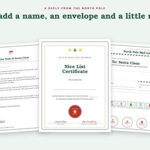 May include: A set of three printable documents including a letter from Santa Claus, a Nice List Certificate, and North Pole mail labels. The text reads A REPLY FROM THE NORTH POLE, Just add a name, an envelope and a little magic, and includes various holiday-themed graphics and red, green, and gold accents.