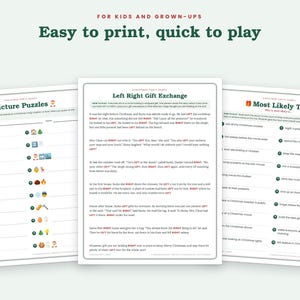 Peut inclure: Trois feuilles de jeux de f&ecirc;te de No&euml;l imprimables comprenant des puzzles d'images avec des indices emoji, une histoire d'&eacute;change de cadeaux Left Right et une liste Most Likely To. Le texte pr&eacute;sente des instructions en vert et rouge.