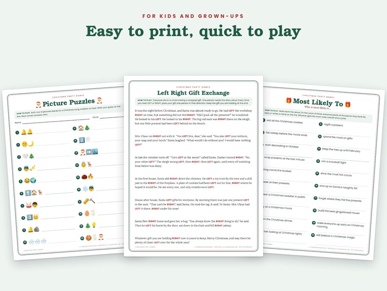 Peut inclure: Trois feuilles de jeux de f&ecirc;te de No&euml;l imprimables comprenant des puzzles d'images avec des indices emoji, une histoire d'&eacute;change de cadeaux Left Right et une liste Most Likely To. Le texte pr&eacute;sente des instructions en vert et rouge.