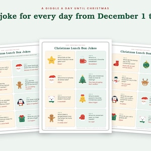 Puede incluir: Tres hojas imprimibles tituladas Christmas Lunch Box Jokes que contienen veinticuatro tarjetas individuales con chistes navide&ntilde;os e iconos coloridos. El texto dice A Giggle A Day Until Christmas y One joke for every day from December 1 to 24.