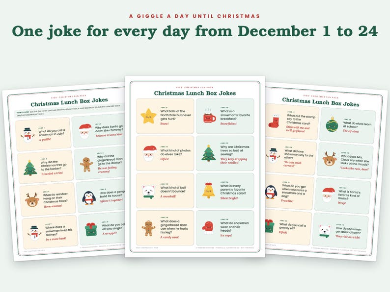 Puede incluir: Tres hojas imprimibles tituladas Christmas Lunch Box Jokes que contienen veinticuatro tarjetas individuales con chistes navide&ntilde;os e iconos coloridos. El texto dice A Giggle A Day Until Christmas y One joke for every day from December 1 to 24.