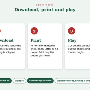 Peut inclure: Un graphique explicatif intitul&eacute; How It Works: Download, print and play. Trois encadr&eacute;s blancs num&eacute;rot&eacute;s d&eacute;taillent le processus : 1. Download, 2. Print sur papier US Letter ou A4, 3. Play. Des &eacute;tiquettes indiquent US Letter + A4, 31 pages et corrig&eacute;s.