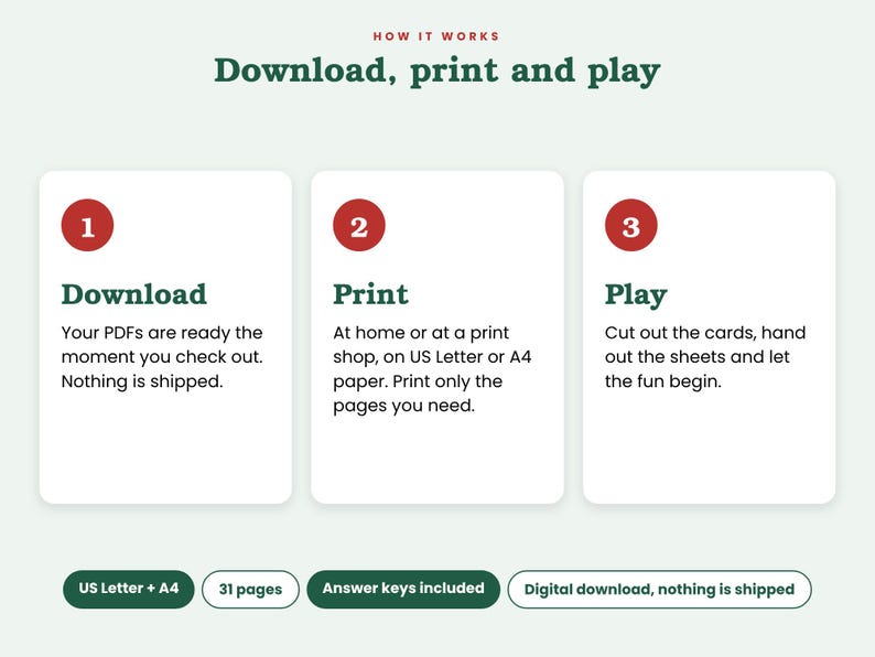 Peut inclure: Un graphique explicatif intitul&eacute; How It Works: Download, print and play. Trois encadr&eacute;s blancs num&eacute;rot&eacute;s d&eacute;taillent le processus : 1. Download, 2. Print sur papier US Letter ou A4, 3. Play. Des &eacute;tiquettes indiquent US Letter + A4, 31 pages et corrig&eacute;s.