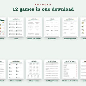 Peut inclure: Une collection num&eacute;rique de 12 jeux de No&euml;l imprimables comprenant Bingo, Trivia, Would You Rather, Charades, Scavenger Hunt, Picture Puzzles, Finish the Carol, Word Scramble, Word Search, Left Right Game, What's on Your Phone et Most Likely To.
