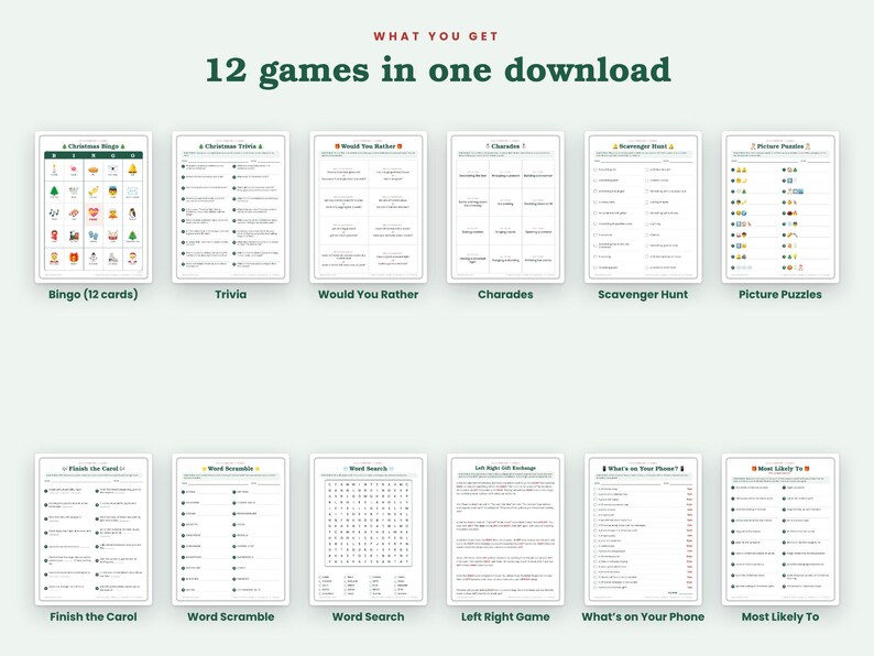 Peut inclure: Une collection num&eacute;rique de 12 jeux de No&euml;l imprimables comprenant Bingo, Trivia, Would You Rather, Charades, Scavenger Hunt, Picture Puzzles, Finish the Carol, Word Scramble, Word Search, Left Right Game, What's on Your Phone et Most Likely To.