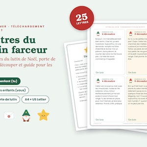 May include: A digital printable set of 25 mischievous elf letters for Christmas, featuring text in French, including daily notes from December 2nd to 5th, elf illustrations, and a red circular badge labeled 25 LETTRES, presented on A4 and US Letter sheets.