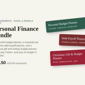 May include: A digital personal finance bundle featuring three spreadsheets for Excel and Google Sheets. The set includes a Personal Budget Planner, a Debt Payoff Planner, and a Christmas Gift and Budget Planner, displayed with dark green and red rectangular labels.