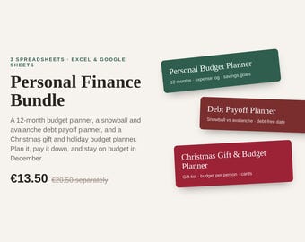 Pacchetto di gestione delle finanze personali: budget, rimborso debiti, pianificazione delle vacanze (Excel/Fogli Google)