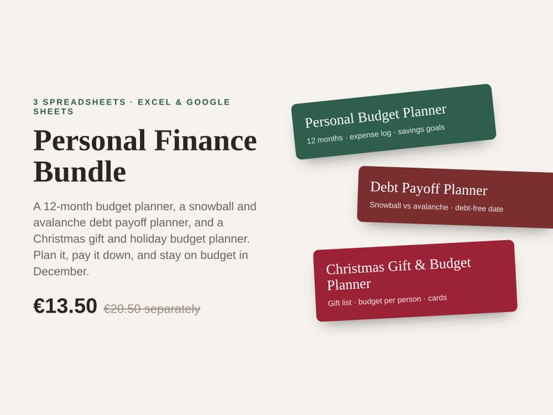 Pu&ograve; includere: Un pacchetto digitale per la gestione delle finanze personali con tre fogli di calcolo per Excel e Google Sheets. Il set include un pianificatore di budget personale, un pianificatore per il rimborso dei debiti e un pianificatore per regali e budget natalizi.