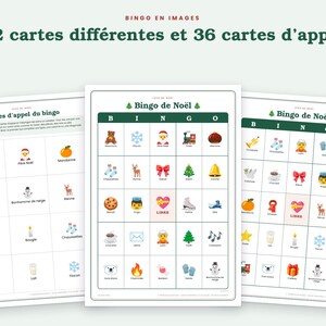 May include: A Christmas bingo game set featuring 12 unique player cards and 36 calling cards. Each card displays a grid of colorful holiday-themed icons, including Santa, reindeer, snowflakes, and gifts, with the text Bingo de No&euml;l.
