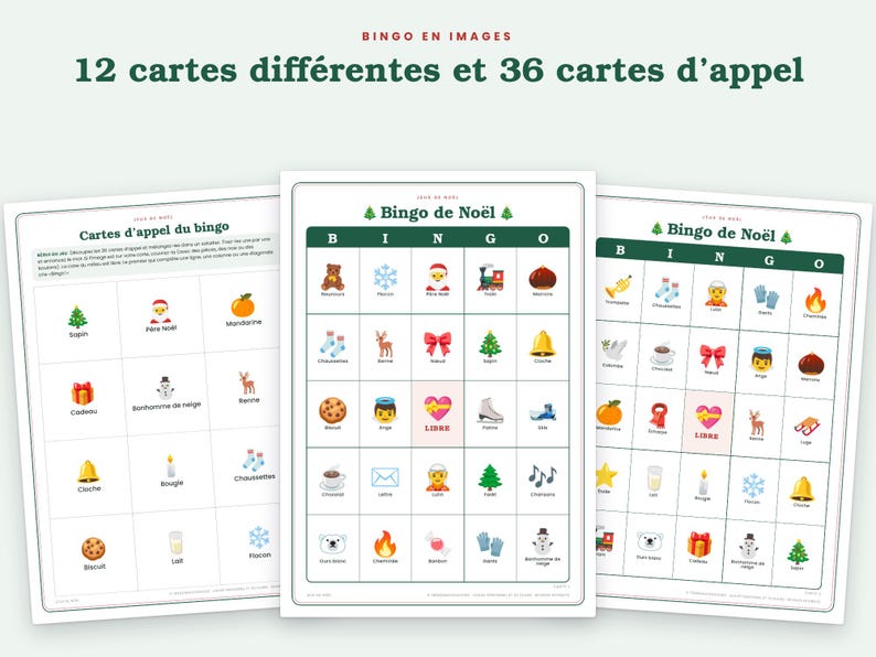May include: A Christmas bingo game set featuring 12 unique player cards and 36 calling cards. Each card displays a grid of colorful holiday-themed icons, including Santa, reindeer, snowflakes, and gifts, with the text Bingo de No&euml;l.