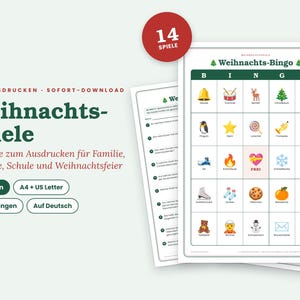 May include: A printable Christmas bingo game set featuring 14 games across 33 pages. The main card displays a grid with festive icons like a bell, reindeer, and snowman, labeled 'Weihnachts-Bingo'. Includes text in German for family and school events.