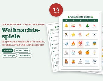 Weihnachtsspiele zum Ausdrucken, 14 Spiele auf Deutsch, Weihnachtsfeier Spiele PDF, Bingo, Quiz, Wichteln Würfelspiel, Familie und Schule
