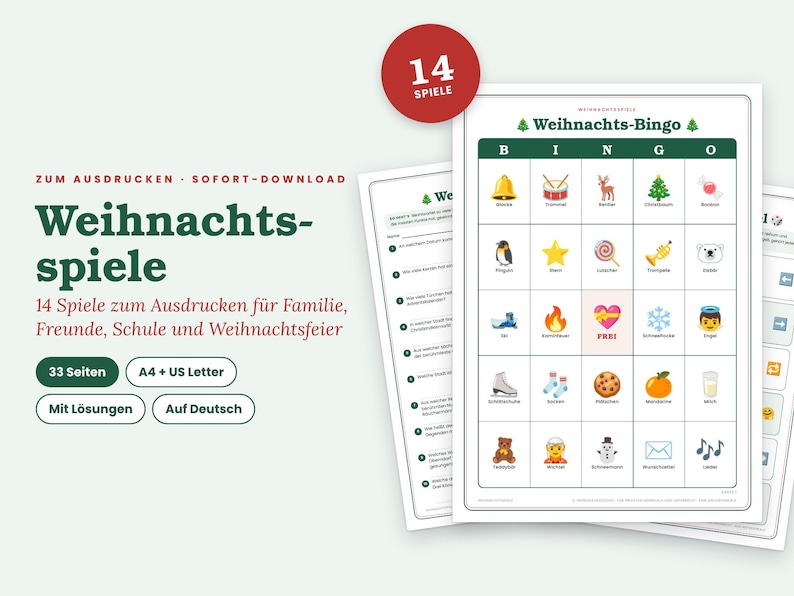 May include: A printable Christmas bingo game set featuring 14 games across 33 pages. The main card displays a grid with festive icons like a bell, reindeer, and snowman, labeled 'Weihnachts-Bingo'. Includes text in German for family and school events.