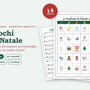 May include: A printable Christmas bingo game set titled Tombola di Natale featuring 14 games across 33 pages. The document includes a grid with various holiday-themed icons like stars, bells, and trees, along with text in Italian.