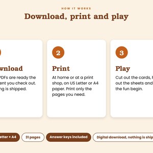 以下が含まれることがあります： HOW IT WORKS Download, print and playという見出しの指示グラフィック。白いボックス内の3つの番号付きステップでプロセスを説明：1 Download、2 Print、3 Play。下部のラベルにはUS Letter + A4、31 pages、Answer keys includedと記載。