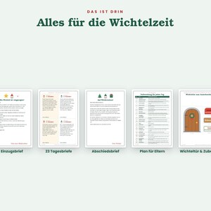 May include: A set of printed activity sheets titled DAS IST DRIN Alles f&uuml;r die Wichtelzeit, featuring an Einzugsbrief, 23 Tagesbriefe, an Abschiedsbrief, a Plan f&uuml;r Eltern, and a Wichtelt&uuml;r & Zubeh&ouml;r page with a door illustration and labels.