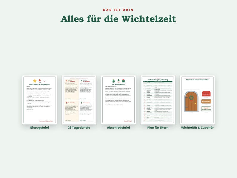 May include: A set of printed activity sheets titled DAS IST DRIN Alles f&uuml;r die Wichtelzeit, featuring an Einzugsbrief, 23 Tagesbriefe, an Abschiedsbrief, a Plan f&uuml;r Eltern, and a Wichtelt&uuml;r & Zubeh&ouml;r page with a door illustration and labels.