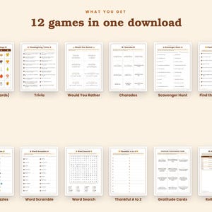 May include: A digital collection of 12 printable Thanksgiving games including Bingo, Trivia, Would You Rather, Charades, Scavenger Hunt, Find the Guest Who, Picture Puzzles, Word Scramble, Word Search, Thankful A to Z, Gratitude Cards, and Roll a Turkey.