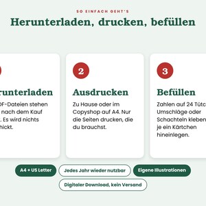 Op de afbeelding: Een instructieve afbeelding met de kop SO EINFACH GEHT'S Herunterladen, drucken, bef&uuml;llen. Drie genummerde witte vakken leggen het proces uit: 1. Herunterladen, 2. Ausdrucken, 3. Bef&uuml;llen. Onderaan staan groene labels: A4 + US Letter, Jedes Jahr wieder nutzbar, Eigene Illustrationen en Digitaler Download, kein Versand.