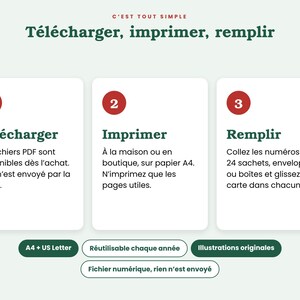 Puede incluir: Un gr&aacute;fico instructivo con el texto C'est tout simple, T&eacute;l&eacute;charger, imprimer, remplir. Tres cajas blancas numeradas detallan los pasos: 1. T&eacute;l&eacute;charger, 2. Imprimer, 3. Remplir. Debajo hay etiquetas: A4 + US Letter, R&eacute;utilisable chaque ann&eacute;e, Illustrations originales, Fichier num&eacute;rique, rien n'est envoy&eacute;.