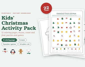 Pacchetto di attività natalizie per bambini: pagine da colorare, labirinti, puzzle (download digitale)