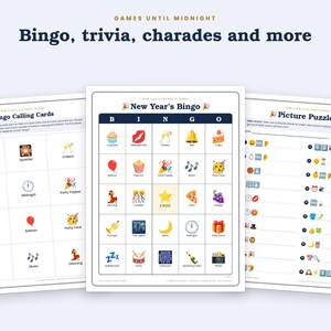 May include: Three printable game sheets titled Games Until Midnight featuring Bingo Calling Cards, New Year's Bingo with colourful icons, and Picture Puzzles. The white paper sheets include text instructions, grid layouts, and various festive illustrations.
