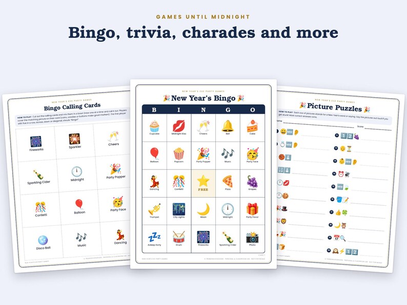 May include: Three printable game sheets titled Games Until Midnight featuring Bingo Calling Cards, New Year's Bingo with colourful icons, and Picture Puzzles. The white paper sheets include text instructions, grid layouts, and various festive illustrations.