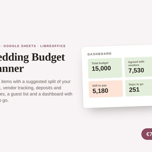 May include: A digital wedding budget planner template for Excel, Google Sheets, and LibreOffice. It features a dashboard with four color-coded boxes displaying total budget, agreed vendor costs, remaining balance, and a countdown of 251 days to go.