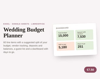 Foglio di calcolo per la pianificazione del budget del matrimonio, lista degli invitati, elenco dei fornitori (file digitale)