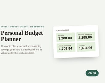 Foglio di calcolo per la pianificazione del budget personale, monitoraggio delle spese mensili, obiettivi di risparmio (download digitale)