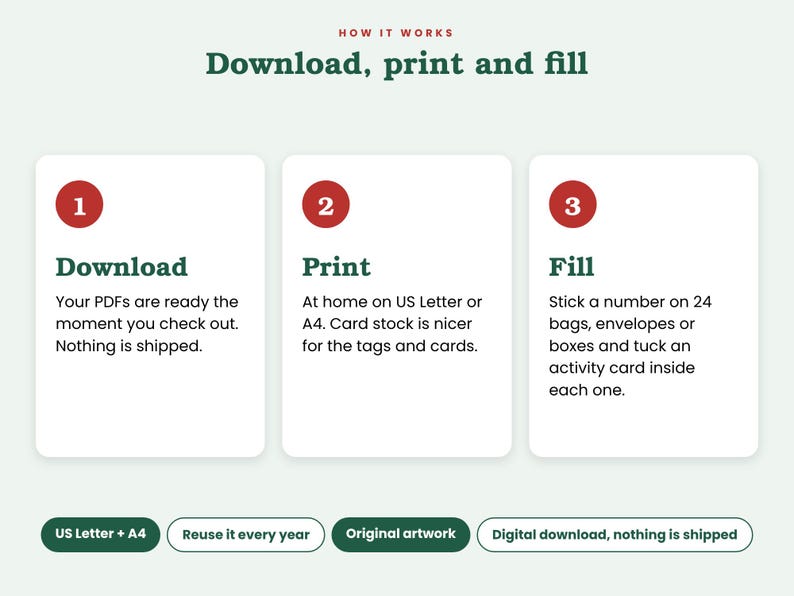 May include: An instructional graphic titled How It Works: Download, print and fill. Three numbered white boxes explain the process: 1. Download PDFs, 2. Print on US Letter or A4, 3. Fill 24 bags or boxes. Bottom labels include US Letter + A4, Reuse it every year, Original artwork, and Digital download, nothing is shipped.