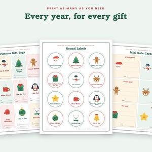 May include: Three printable sheets featuring Christmas gift tags, round labels, and mini note cards. Each sheet displays colourful holiday icons like Santa, snowmen, reindeer, and trees with text such as Merry Christmas and Warm Wishes.