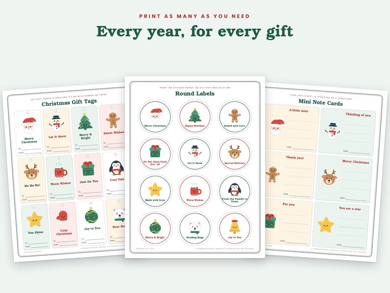 May include: Three printable sheets featuring Christmas gift tags, round labels, and mini note cards. Each sheet displays colourful holiday icons like Santa, snowmen, reindeer, and trees with text such as Merry Christmas and Warm Wishes.
