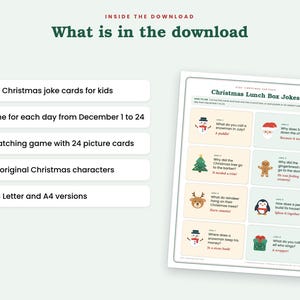 Puede incluir: Una descarga digital que incluye 24 tarjetas de chistes navide&ntilde;os para ni&ntilde;os, un juego de emparejar con 24 tarjetas ilustradas y 12 personajes navide&ntilde;os originales. El documento incluye instrucciones y est&aacute; disponible en tama&ntilde;os US Letter y A4.