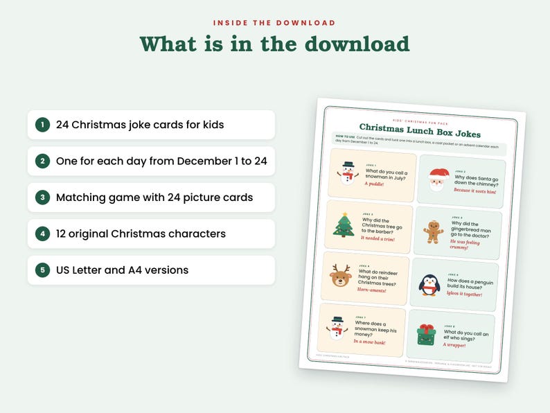 Puede incluir: Una descarga digital que incluye 24 tarjetas de chistes navide&ntilde;os para ni&ntilde;os, un juego de emparejar con 24 tarjetas ilustradas y 12 personajes navide&ntilde;os originales. El documento incluye instrucciones y est&aacute; disponible en tama&ntilde;os US Letter y A4.